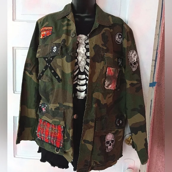 RAGE- OOAK punked out custom army fatigue camo jacket